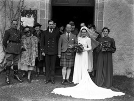 Hamish Paterson (1904-1982), Chartered Architect based at 17 Queensgate, Inverness, married Florence Margaret Ross (1909-1987) in 1940. (see also 24194a and 24194b). Hamish had a twin brother called Hector Paterson (see image ref: 37284). Bridesmaid is bride's sister Joyce Ross. Third from left is groom's mother, Jenny Paterson. Hamish was the son of famous photographer Andrew Paterson (1877-1948). 