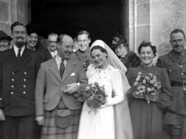Hamish Paterson (1904-1982), Chartered Architect based at 17 Queensgate, Inverness, married Florence Margaret Ross (1909-1987) in 1940. (see also 24194a and 24194b). Hamish had a twin brother called Hector Paterson (see image ref: 37284). Bridesmaid is bride's sister Joyce Ross. Hamish was the son of famous photographer Andrew Paterson (1877-1948). 