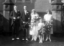 Sinclair - Sutherland bridal group outside Ness Bank Church. The stone plinths still remain after recent renovations to comply with the requirements of the Disability Discrimination Act for access to the Church.