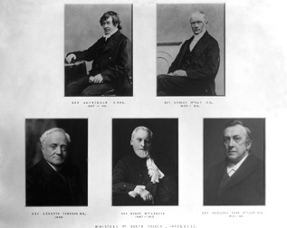 Ministers of the North Church, Inverness from 1837 to 1930. The Reverends Cook, MacKay, MacKenzie, MacLeod and Cameron.