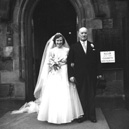 Miller, 'Broomfield,' February 1954. Bride Pat Fraser with father outside the Old High Church on Church Street, Inverness.
