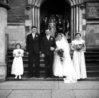 Mr & Mrs Angus MacLeod outside the St. Columba High Church, Bank Street, Inverness, now the CityLife Church. 