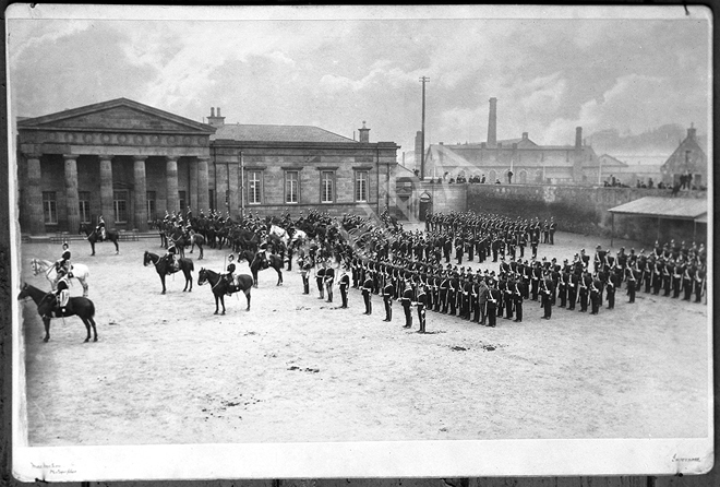 Volunteer artillery officers on the parade ground in Farraline Park, Inverness 1895. A print of this image by MacMahon of Inverness can be found in the Cook Collection, but this is taken from the negative in the Andrew Paterson archive. Copy made for Vickers.