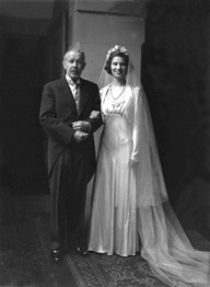 Dawn Ritchie bridal, in the Main Hall at Ardlarach House in Tain. She married Norwegian Eric Prydz and went to live in Norway. She is here with her father Colonel Charles Ritchie. Other siblings were William and Rosemary. William also had a son named Charles. 