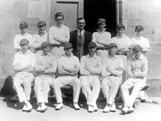 Inverness Royal Academy Cricket 1st XI 1945. Rear: Donald MacLennan, W.K Smith, Ted Murdoch, Mr Laurence Rogers, Laurence Rogers (scorer), Callum MacAulay, Ian (John) Braid. Front: William White, Hamish Gray, Fred Kelly, Ian Noble, Bobby McKinlay, Donald Ross. (Courtesy Inverness Royal Academy Archive IRAA_030).