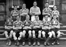 Soccer 1st XI 1949-1950. Rear: Ivan Fletcher, Scott Moffatt, Niven Grant, Donald MacLennan, Rodwill Clyne. Front: James MacDonald, Leslie Hodge, Lachlan Russell, Alex MacAskill (C), Neil Smith, Ian   Rodger. (Courtesy Inverness Royal Academy Archive IRAA_062).