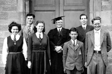 Inverness Royal Academy Medallists June 1951. Sandra Oliver, Will Cameron, Annabel Brown, Rector D.J MacDonald, Ewan Hay, Torquil MacLeod, Morton Fraser. (Courtesy Inverness Royal Academy Archive IRAA_068).