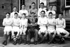 Football 1st XI 1953-1954. Rear: A. Fraser, J. MacLellan, C. Ross, R. Paterson, J. Finlayson. Front: I. MacKenzie, R. MacPherson, A. Grant, A. Robertson, J. Urquhart, D.E MacLean. (Courtesy Inverness Royal Academy Archive IRAA_084).