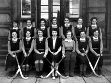 Hockey 2nd XI 1953-1954. Rear: P. Urquhart,          D. Liebmann, S. Robertson, J. Cameron, S. Campbell, E. Munro, J. Fraser. Front: D. MacTavish, J. Stoker, P. MacKenzie, M. MacRae, F. MacDonald, I. Rose. (Courtesy Inverness Royal Academy Archive IRAA_086).