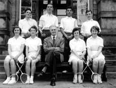 Inverness Royal Academy Badminton 1955-1956. Rear: Ian MacPhee, John Ross, Robert Dewar, William Moir. Front: Sheila Manson, Marion Renfrew, Mr MacBean, Pat Cumming, Chrisalda MacKay. (Courtesy Inverness Royal Academy Archive IRAA_100).
