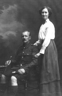 Robina Mitchell Fraser and John Hogg of the Cameron Highlanders. They were married in 1915 when Robina was working at Gordon Castle. Lieutenant John Hogg, MC, MM was born in 1887. He served in the Cameron Highlanders 1907 to 1920 and had the rare distinction of winning the Military Medal as a sergeant in 1916 and the Military Cross as an officer in 1919. A very full biography of him is held in the archives of the Highlanders' Museum at Fort George. Submitted by Catherine Cowing. 