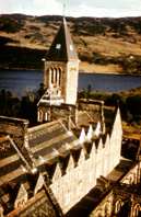 Loch Ness and Bell Tower, Fort Augustus Abbey. (Courtesy James S Nairn Colour Collection). ~ *
