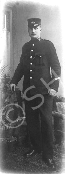 Alexander MacRae of the Inverness Burgh Police, featuring the cap badge showing a camel and elephant (standing on all fours) as supporters for the Inverness Arms. A January 1948 copy of a photo from c1912. Born c1878 he was a Gamekeeper before joining the Police in 1899. Promoted sergeant in 1920, he retired in 1934. Identification information kindly provided by Dave Conner. A photo of Macrae c1920 can be found on flickr here: http://www.flickr.com/photos/91779914@N00/8558792822 
