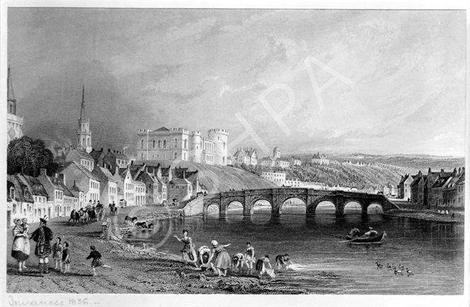 Engraving of the seven arched bridge over the River Ness in 1836 by T. Allom and R. Sands.*