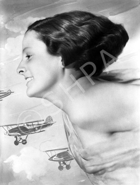 Portrait. The aircraft in the montage is a Hawker Fury fighter (1931), which played a vital part in the British air defense effort during the inter-war years. The montage was made in July 1935. See 30454b for original image of woman. #