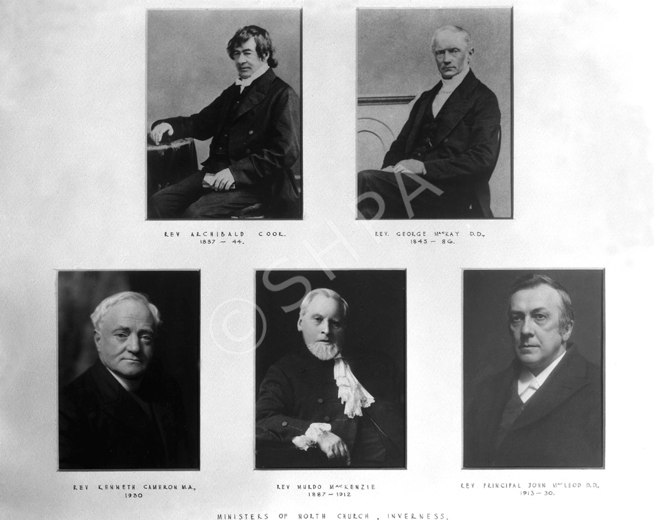 Ministers of the North Church, Inverness from 1837 to 1930. The Reverends Cook, MacKay, MacKenzie, MacLeod and Cameron.