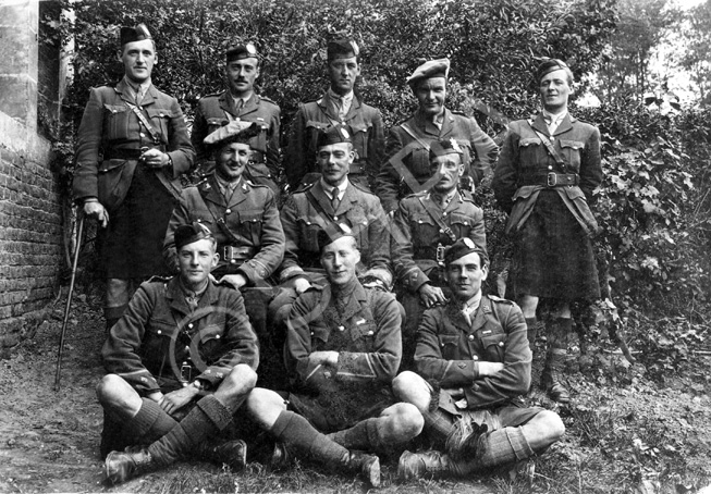 Mr Cameron. Believed to be a group of officers of 6th Battalion The Queen's Own Cameron Highlanders in late 1917, including two reinforcements from the London Scottish. 