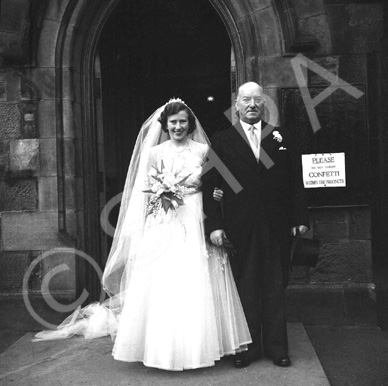 Miller, 'Broomfield,' February 1954. Bride Pat Fraser with father outside the Old High Church on Church Street, Inverness.