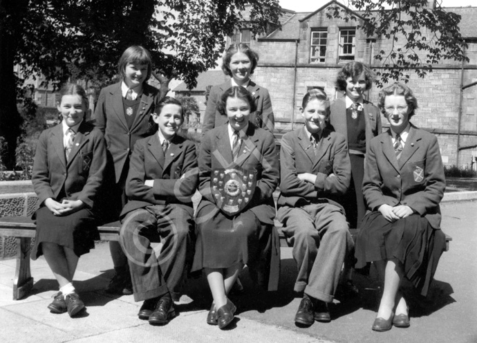 Inverness Royal Academy Scripture Union Quiz Team 1954-1955. Rear: Rae Martin, Kathleen Russell, Alice MacDonald. Front: Rosemary Wright, George MacLeod, Marion Graham, John MacKenzie, Riona Marr. (Courtesy Inverness Royal Academy Archive IRAA_088). 