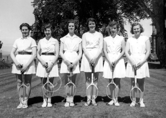 Inverness Royal Academy Tennis 1954-1955.  Joy Fraser, Avril Cameron, Beatrice MacPherson, Jacqueline Cameron, Maureen Munro, Marjory  Marshall. (Courtesy Inverness Royal Academy Archive IRAA_092).