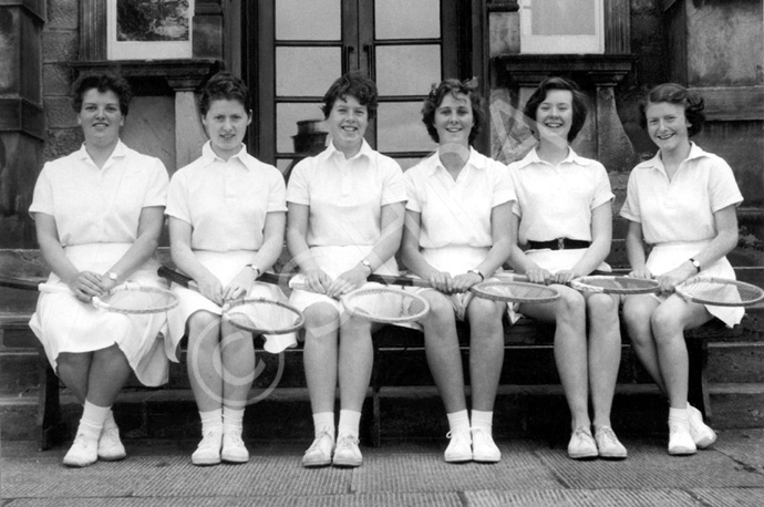 Inverness Royal Academy Tennis 1955-1956. Dagmar Liebmann, Betty Grant, Jean Stoker, Sheila Manson, Dorothy Lamont, Anne Richards. (Courtesy Inverness Royal Academy Archive IRAA_104).